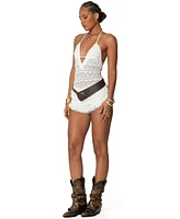 Edikted Womens Lanney Ruffled Sheer Lace Romper