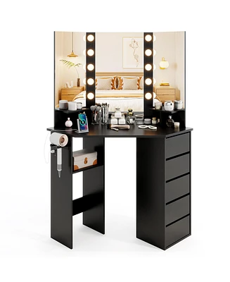 Corner Vanity Desk with 3-Color Led Lighted Mirror & Power Outlet Stylish Makeup Desk for Bedroom