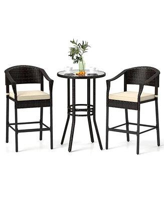 3-Piece Patio Rattan Bar Set with Tempered Glass Top for Backyard Poolside