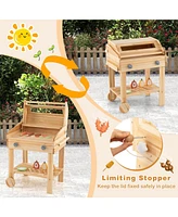 Kids Wooden Barbecue Grill Playset Pretend Kitchen with Food and Wheels