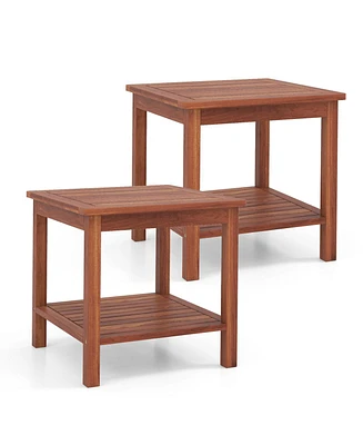 Set of 2 Double-Tier Acacia Wood Patio Side Table with Slatted Tabletop and Shelf