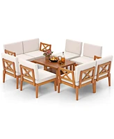 Gymax 10 Pcs Patio Furniture Set Acacia Wood w/ Cushions & 2-Tier Coffee Table