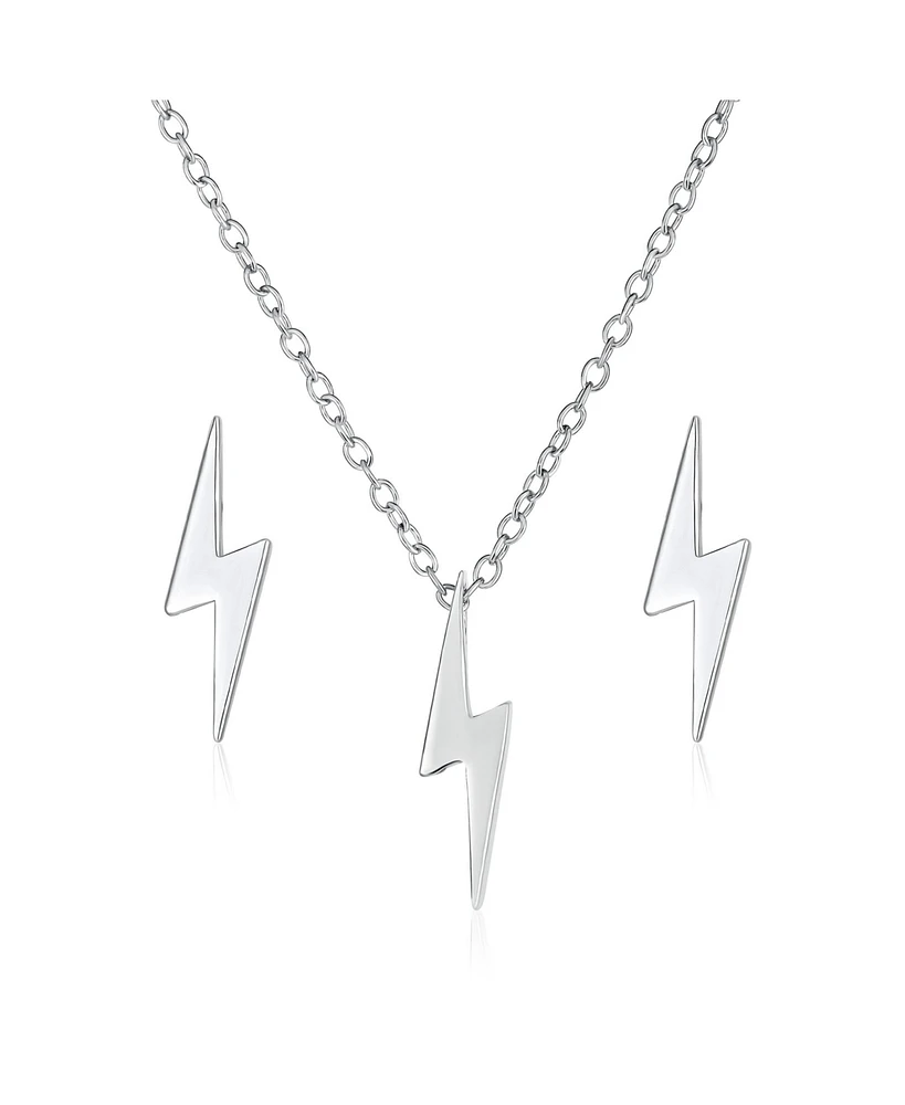 Bling Jewelry Tiny Jewelry Set Minimalist Geometric Zig Zag Flash Lightning Bolt Pendant Necklace Stud Earring For Women .925 Sterling Silver