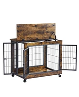 Furniture Style Dog Crate Side Table on Wheels with Double Doors and Lift Top. Rustic Brown