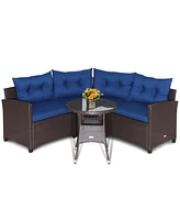 4 Pieces Patio Rattan Furniture Set Cushioned Sofa Glass Table