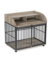 44'' Heavy Duty Large Dog Crate Furniture for Large Medium Dog with Lockable Wheels Grey