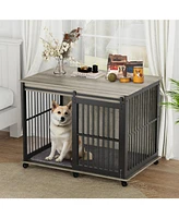 Furniture dog crate sliding iron door dog crate with mat Grey