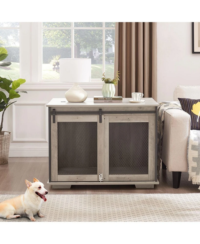 Farmhouse Dog Cage Crate Furniture with Sliding Barn Door Gray