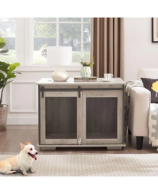 Farmhouse Dog Cage Crate Furniture with Sliding Barn Door Gray