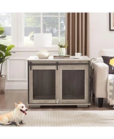 Farmhouse Dog Cage Crate Furniture with Sliding Barn Door Gray