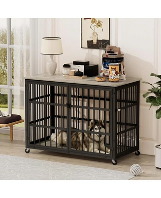 Furniture style dog crate wrought iron frame door with side openings, Rustic Brown