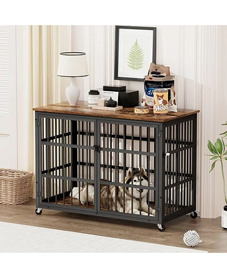 Furniture style dog crate wrought iron frame door with side openings, Rustic Brown