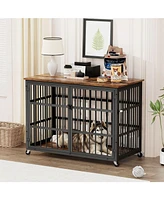 Furniture style dog crate wrought iron frame door with side openings, Rustic Brown