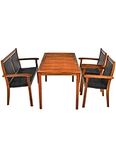 4 Pieces Acacia Wood Patio Rattan Dining Furniture Set