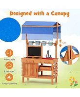 Wooden Pretend Play Kitchen with Height Adjustable Canopy for Kids