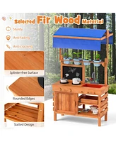 Wooden Pretend Play Kitchen with Height Adjustable Canopy for Kids