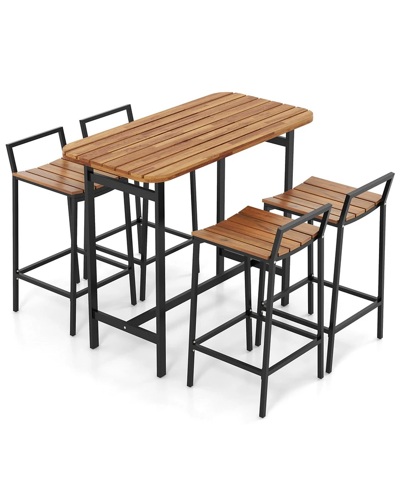 5 Piece Acacia Wood Bar Table Set Bar Height Table and Chairs with Metal Frame and Footrest