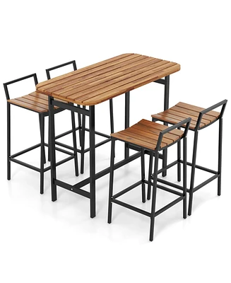 5 Piece Acacia Wood Bar Table Set Bar Height Table and Chairs with Metal Frame and Footrest