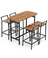 5 Piece Acacia Wood Bar Table Set Bar Height Table and Chairs with Metal Frame and Footrest