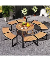 Patio Curved Bench with Slatted Seat and Metal Legs-2 Pieces