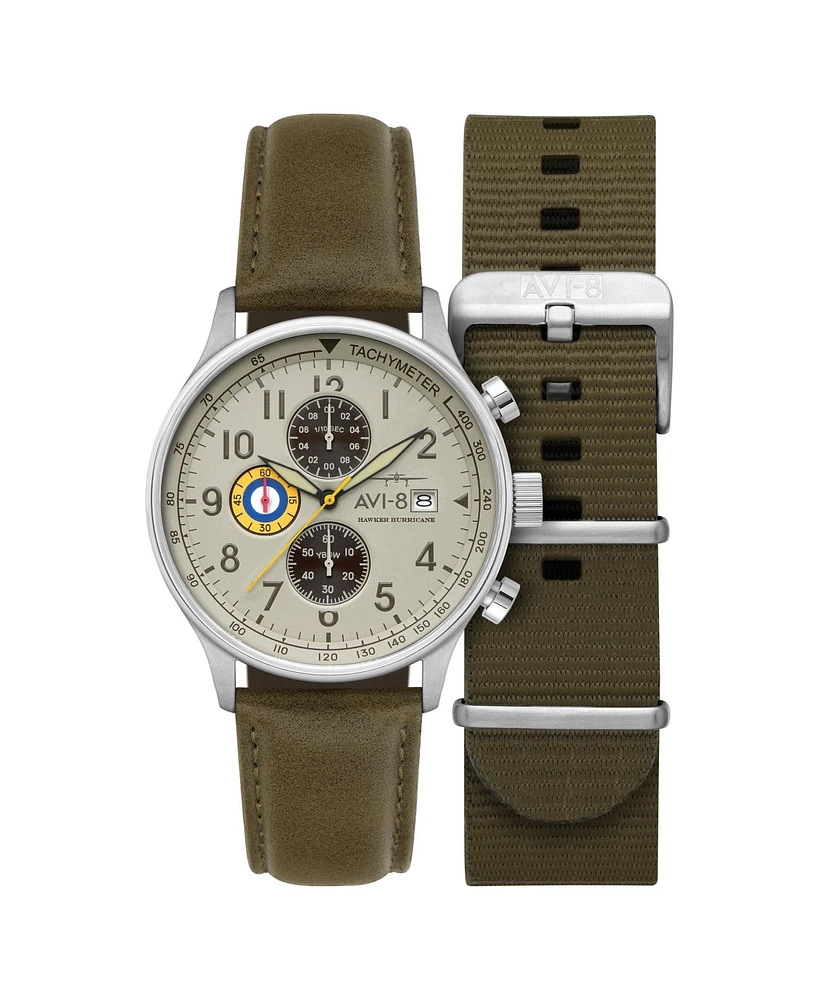 Avi-8 Men's Hawker Hurricane Classic Chronograph Khaki Leather Strap Watch, 43.5mm