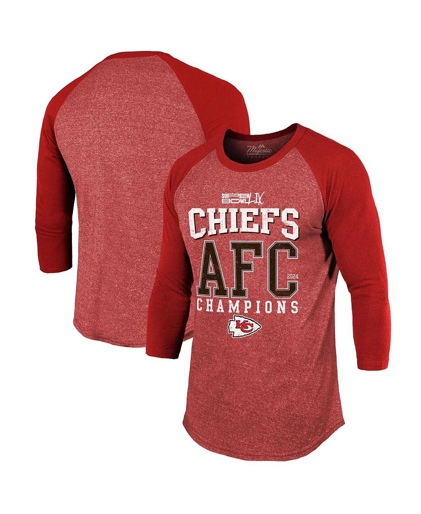 Majestic Men's Red Kansas City Chiefs 2024 Afc Champions 3/4-Sleeve Raglan Tri-Blend T-Shirt