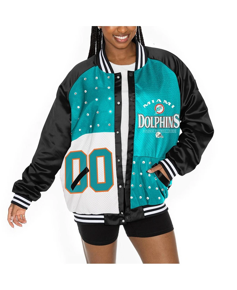 Gameday Couture Women's Black/Aqua Miami Dolphins Oversized Hot Shot Rhinestone Throwback Full-Snap Varsity Bomber Jacket