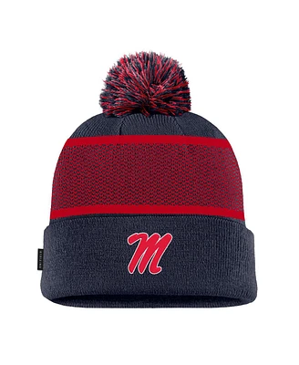 Nike Big Boys and Girls Navy Ole Miss Rebels 2024 Sideline Peak Cuffed with Pom Knit Hat