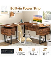 L-Shaped Computer Desk with Power Outlets for Convenient Charging and Efficient Workspace