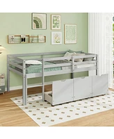 Low Loft Bed with 3 Drawers Ladder and Full-length Guardrails
