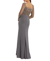 Women's Beaded Square Neck Long Sleeve Jersey Gown