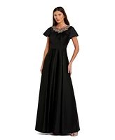 Women's Satin Flutter Sleeve Gown With Neckline Beading