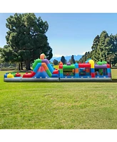 HeroKiddo 42' Block Party Inflatable Obstacle Course Water Slide Combo with Air Blower, Commercial Grade, 100% Pvc Vinyl, Kids Outdoor Play, Summer Fu