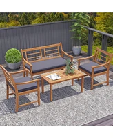 4 Pcs Wood Patio Furniture Set with Soft Seat Cushions Solid Acacia Frame