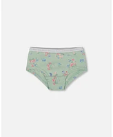 Girl Printed Cotton Boyshort Panty Small Pink And Blue Flowers On Light Sage - Toddler|Child