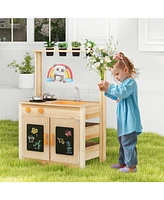 Kids Mud Kitchen Fir Wood Playset with Planting Pots and Blackboards