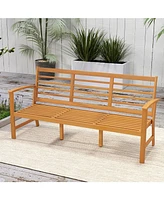 Patio Wood Bench with Seat Cushion and Slatted Seat for Backyard