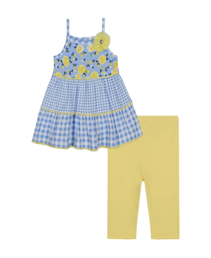 Kids Headquarters Toddler and Little Girls 2-Piece Floral Gingham Pique Tunic Top Capri Legging Set