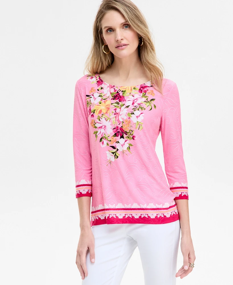 Jm Collection Petite Lisette Bouquet 3/4-Sleeve Jacquard Top, Exclusively at Macy's
