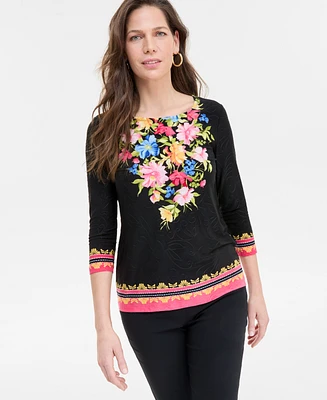 Jm Collection Petite Lisette Bouquet 3/4-Sleeve Jacquard Top, Exclusively at Macy's