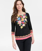 Jm Collection Petite Lisette Bouquet 3/4-Sleeve Jacquard Top, Exclusively at Macy's