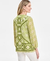 Jm Collection Women's Printed Chiffon Sleeve Rhinestone Split-Neck Top, Exclusively at Macy's