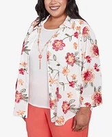 Alfred Dunner Plus Catalina Island Bright Floral Two One Collared Neck Top with Necklace