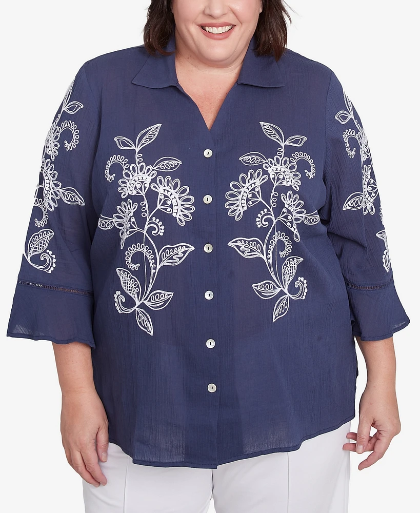 Alfred Dunner Plus Nantucket Embroidered Marine Button Front Top