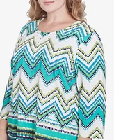 Alfred Dunner Plus Nantucket Pleated Chevron Crew Neck Top