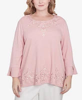 Alfred Dunner Plus Estate of Mind Lace Cutout Split Sleeve Embroidered Top