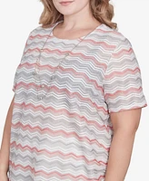 Alfred Dunner Plus Estate of Mind Chevron Shimmer Crew Neck T-Shirt with Necklace