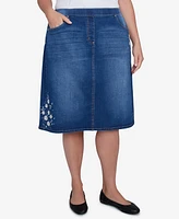 Alfred Dunner Plus Flower Power Floral Embroidered Denim Skirt