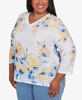 Alfred Dunner Plus Flower Power Floral Textured V Neck Top