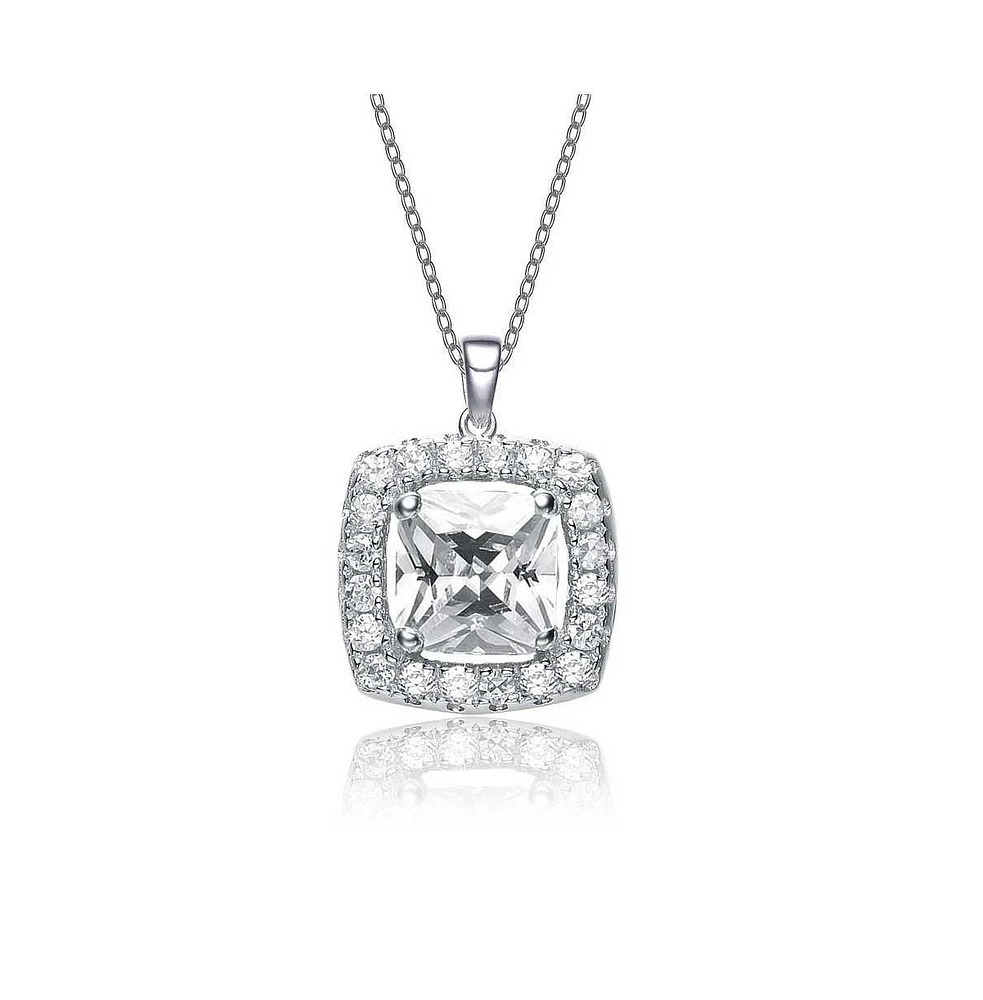 Sterling Silver White Gold Plated with Clear Cubic Zirconia Square Shape Pendant Necklace